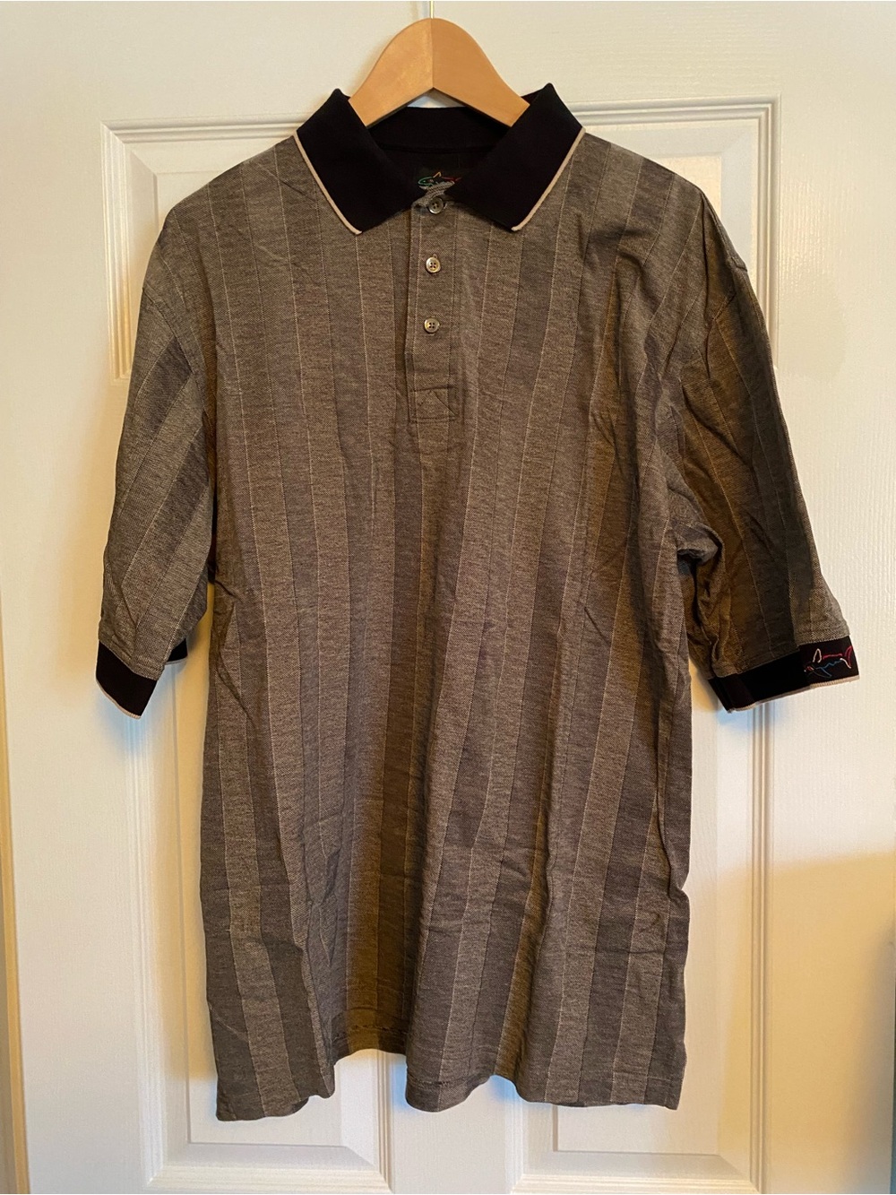 Greg Norman Collection Gray Striped Polo with Black Collar